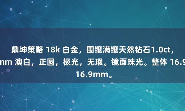 鼎坤策略 18k 白金，围镶满镶天然钻石1.0ct，10.1mm 澳白，正圆，极光，无瑕。镜面珠光。整体 16.9mm。