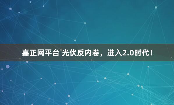 嘉正网平台 光伏反内卷，进入2.0时代！
